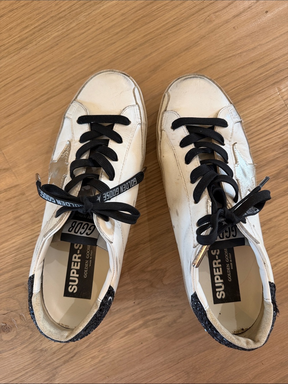 Golden Goose White Leather Sneakers with Black Glitter Heel Tabs
